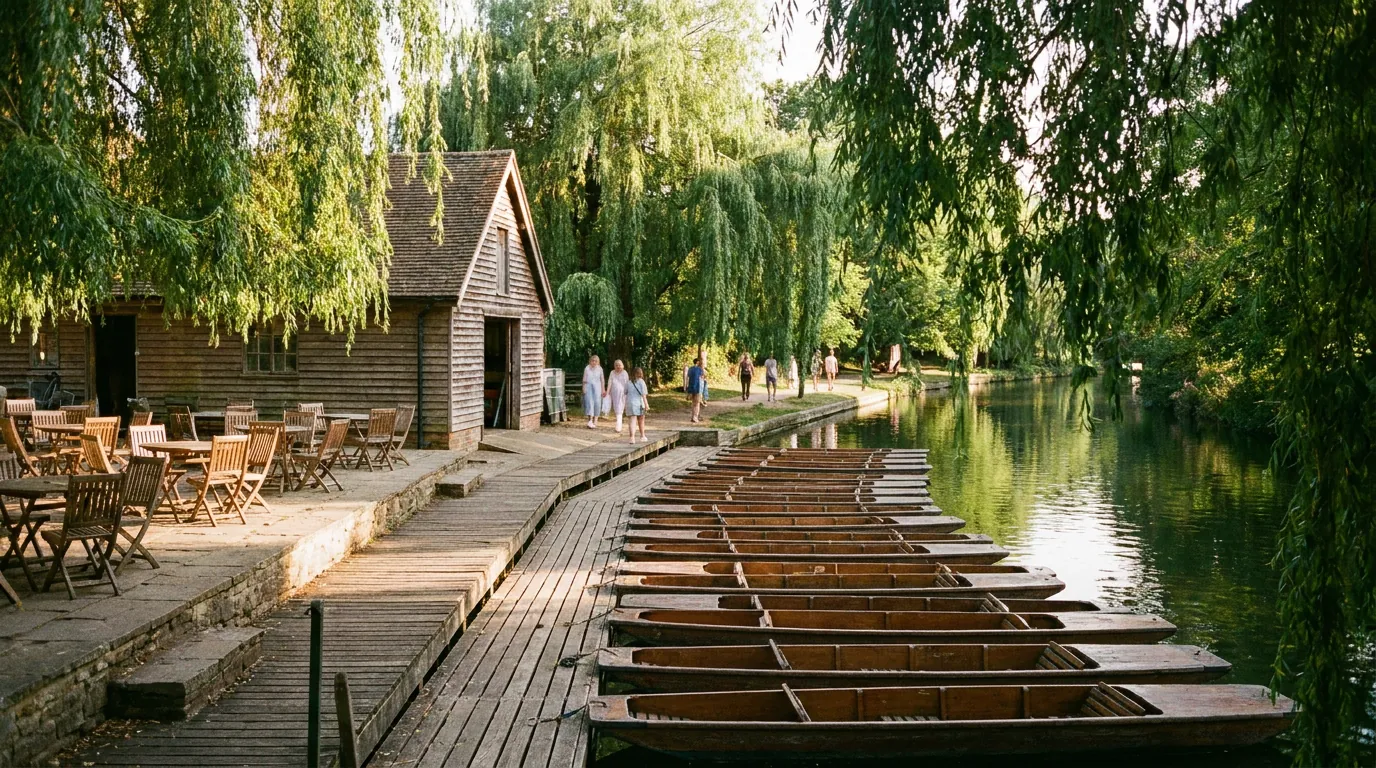 Punts moored at Cherwell Boathouse beside the river