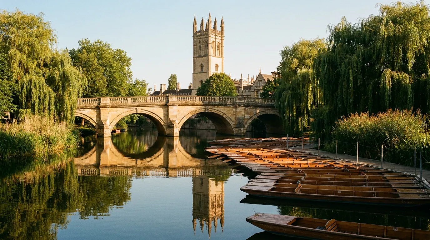 Traditional punts gathered beneath Magdalen Bridge
