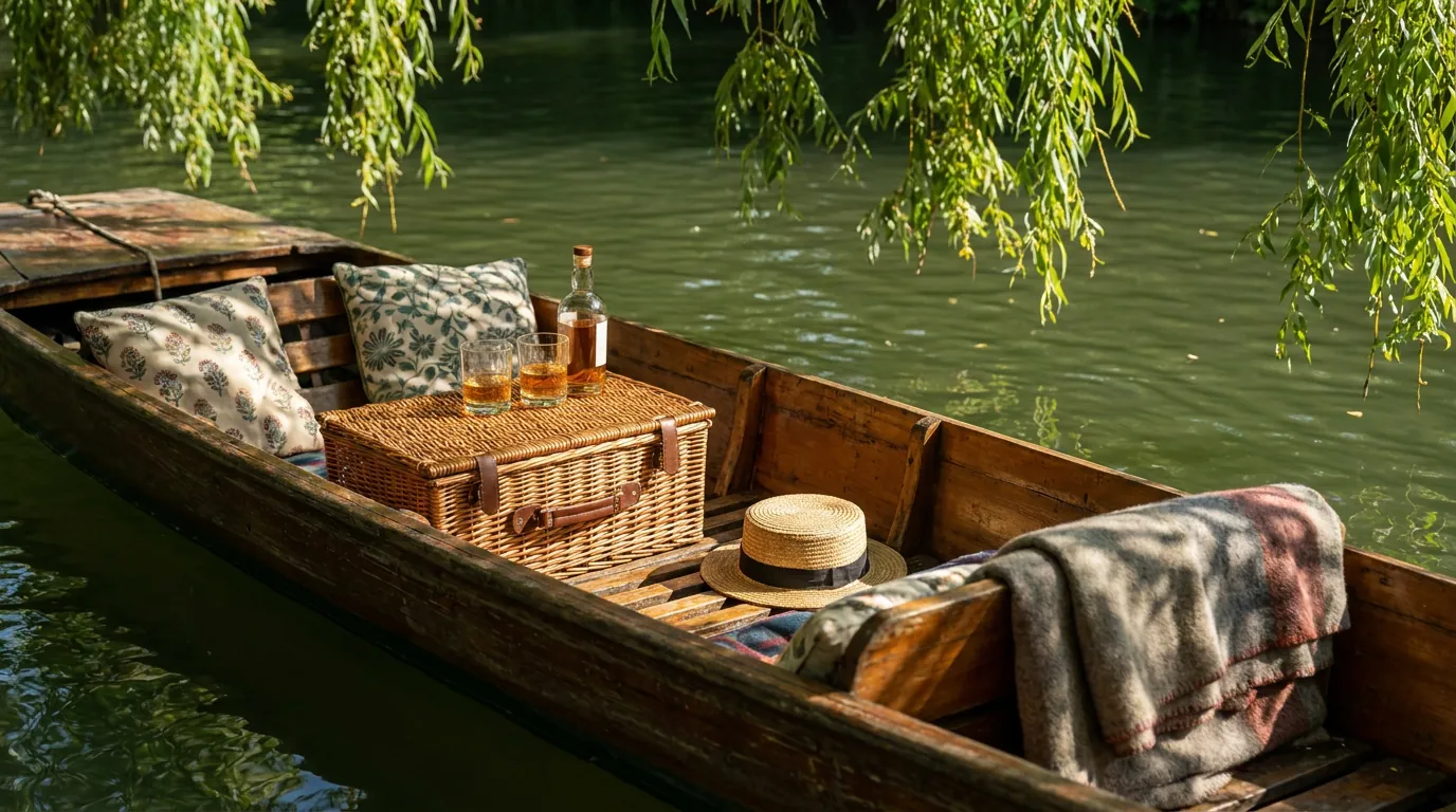 A picnic laid out on a punt drifting on the Cherwell