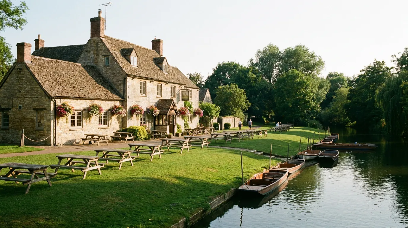 A riverside pub garden beside the water