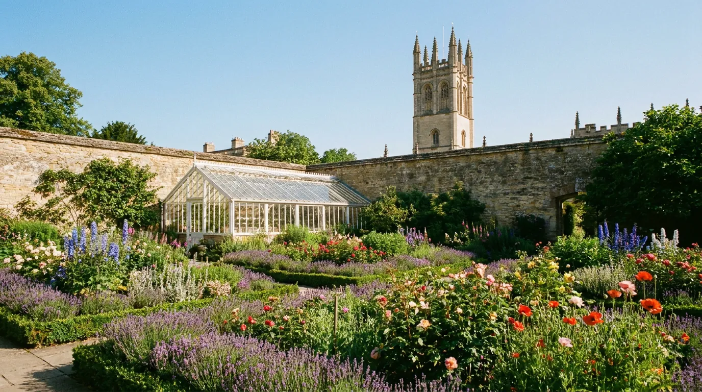 The walled Oxford Botanic Garden and glasshouse with Magdalen Tower behind