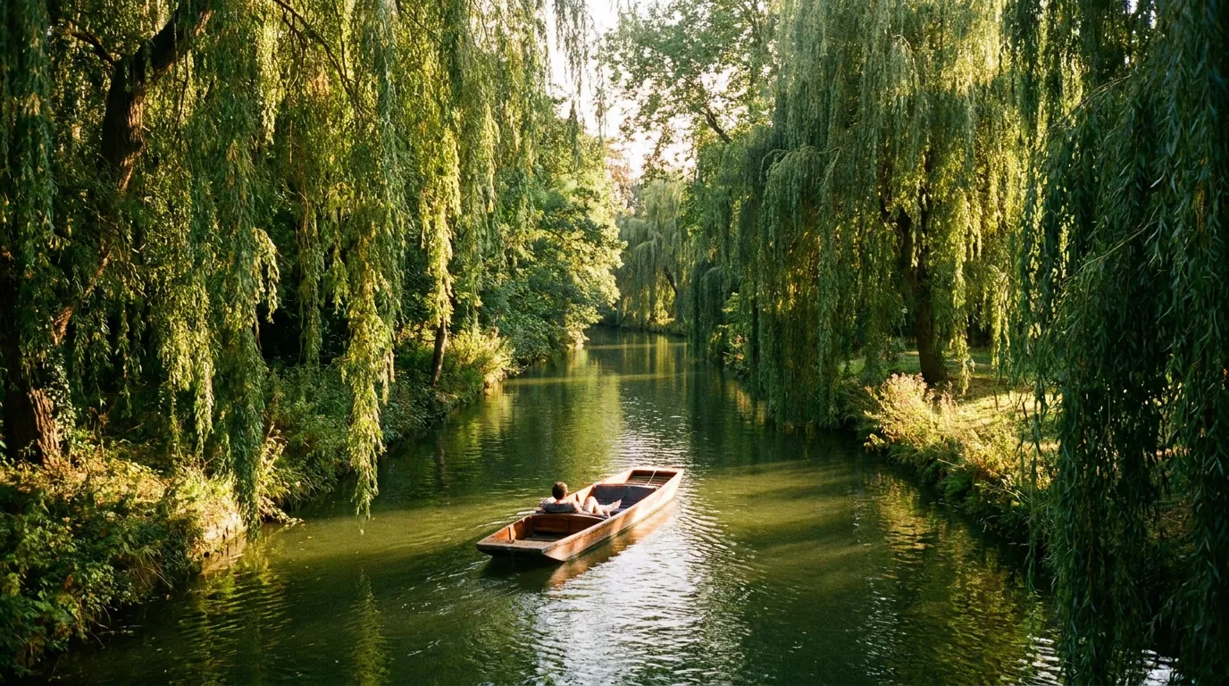 A quiet willow-shaded stretch of the River Cherwell in golden light