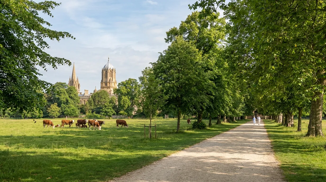 The tree-lined Broad Walk across Christ Church Meadow with grazing cattle and spires beyond