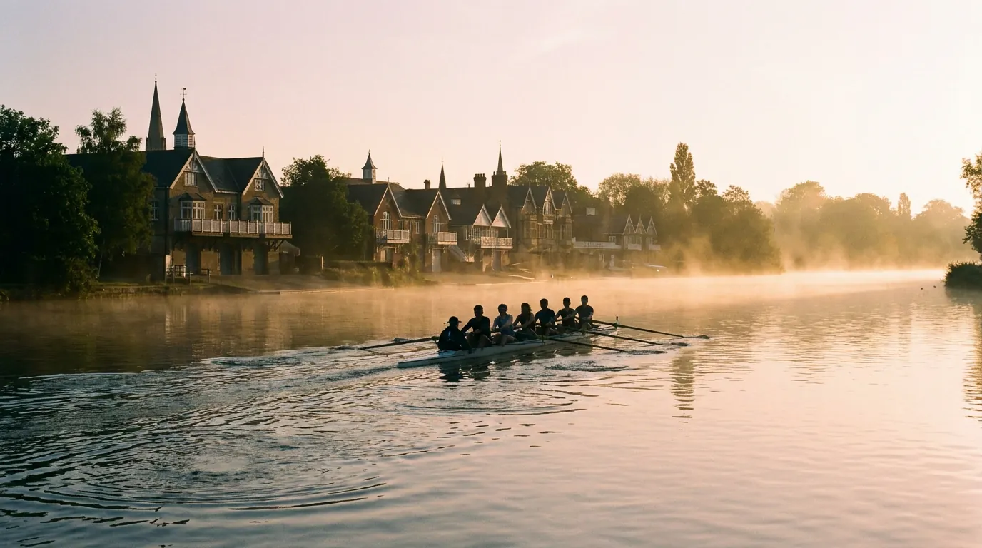 A rowing eight on the misty River Thames at dawn past the college boathouses