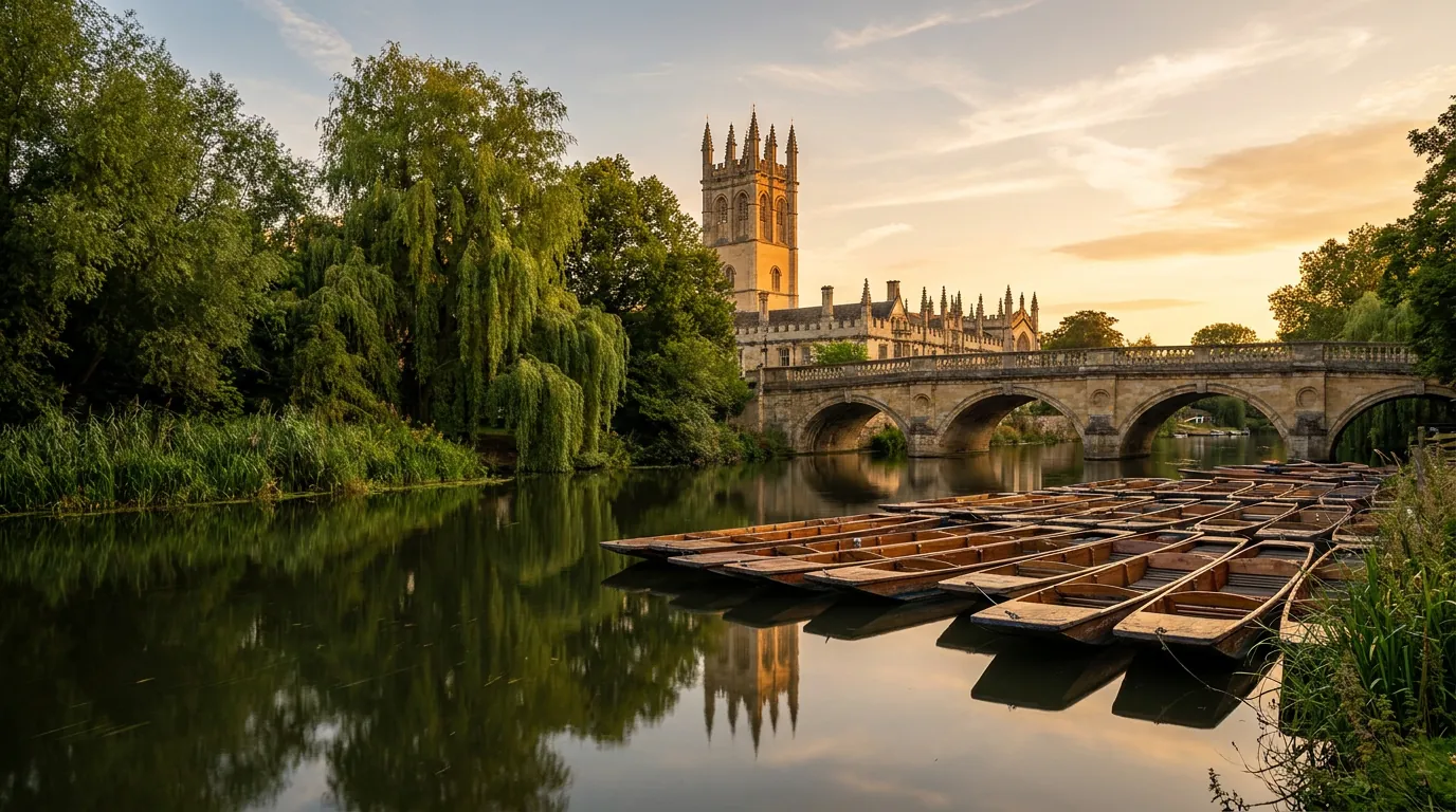 Wooden punts moored beneath the arches of Magdalen Bridge