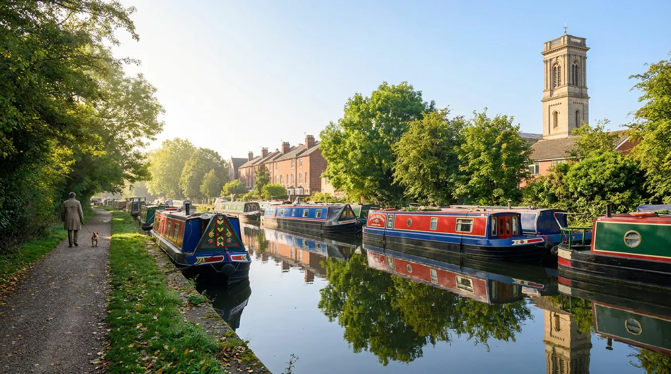 Colourful narrowboats moored along the Oxford Canal at Jericho