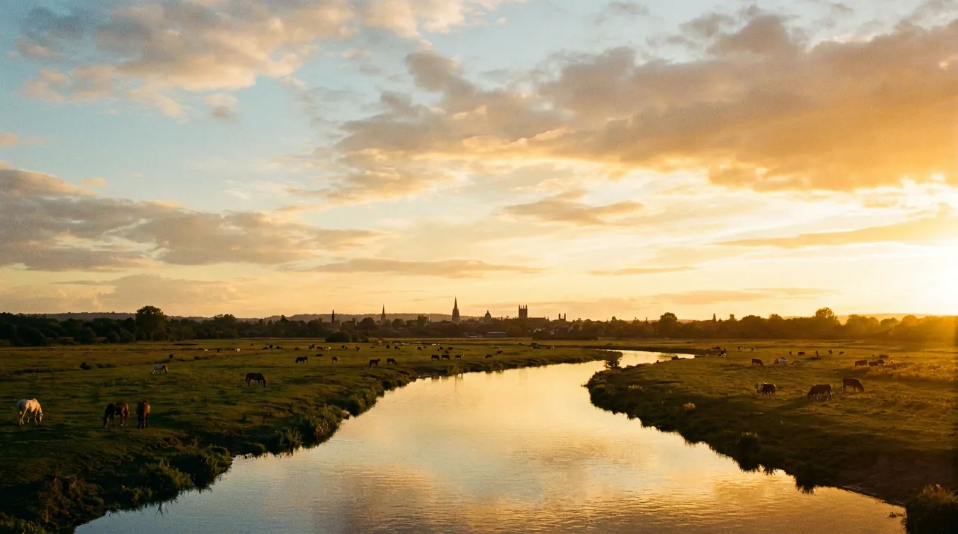 The River Thames curving through Port Meadow at golden hour with grazing horses