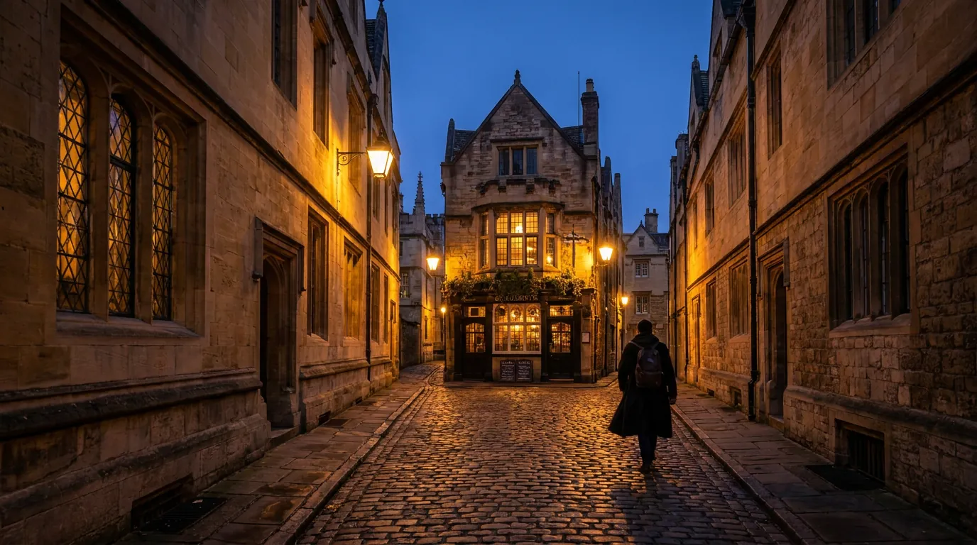 A hidden pub down a lantern-lit cobbled Oxford alley at dusk