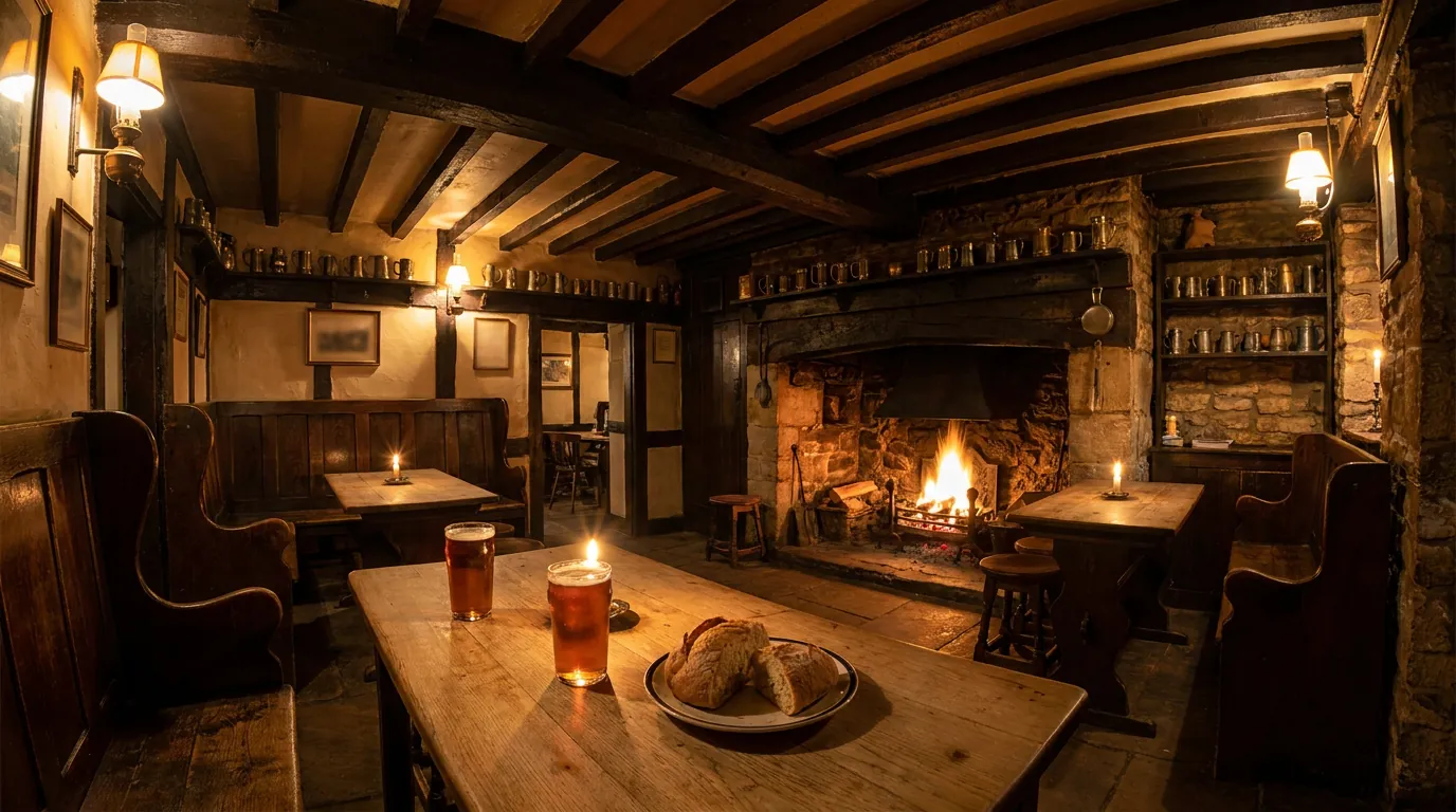 A cosy traditional Oxford pub interior with low beams and an open fire