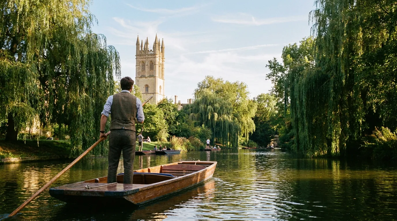 A punt gliding along the willow-lined River Cherwell with Magdalen Tower beyond
