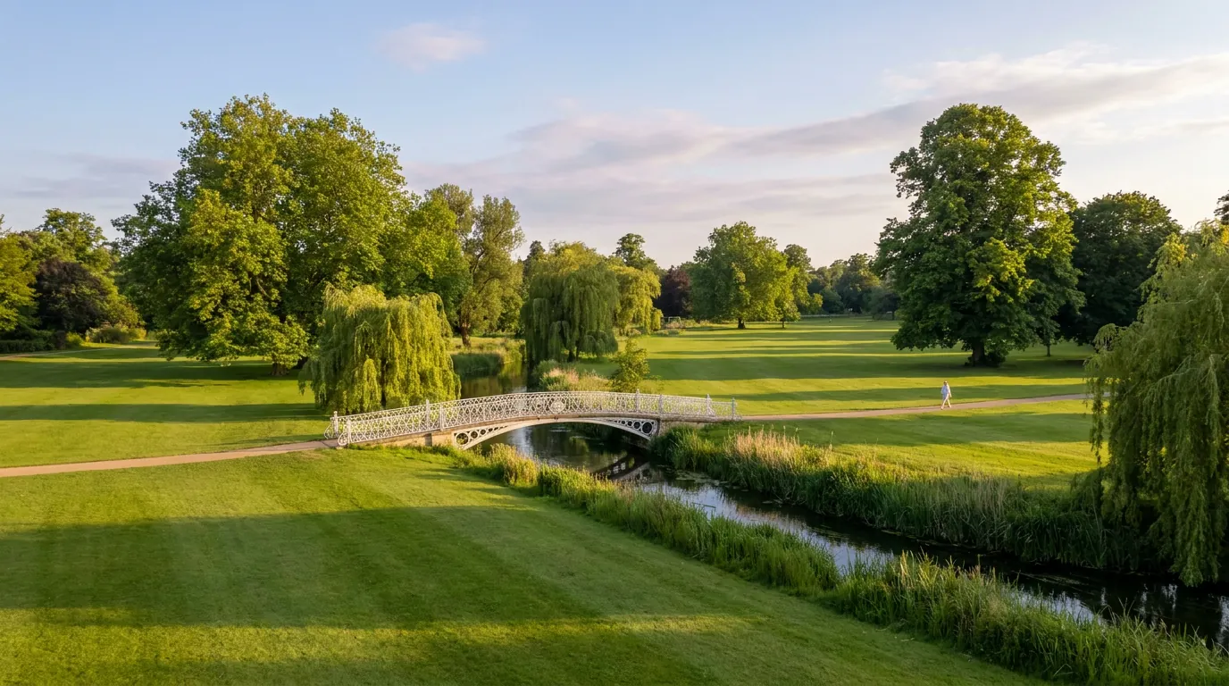 Open lawns and mature trees in the University Parks with the Rainbow Bridge over the Cherwell