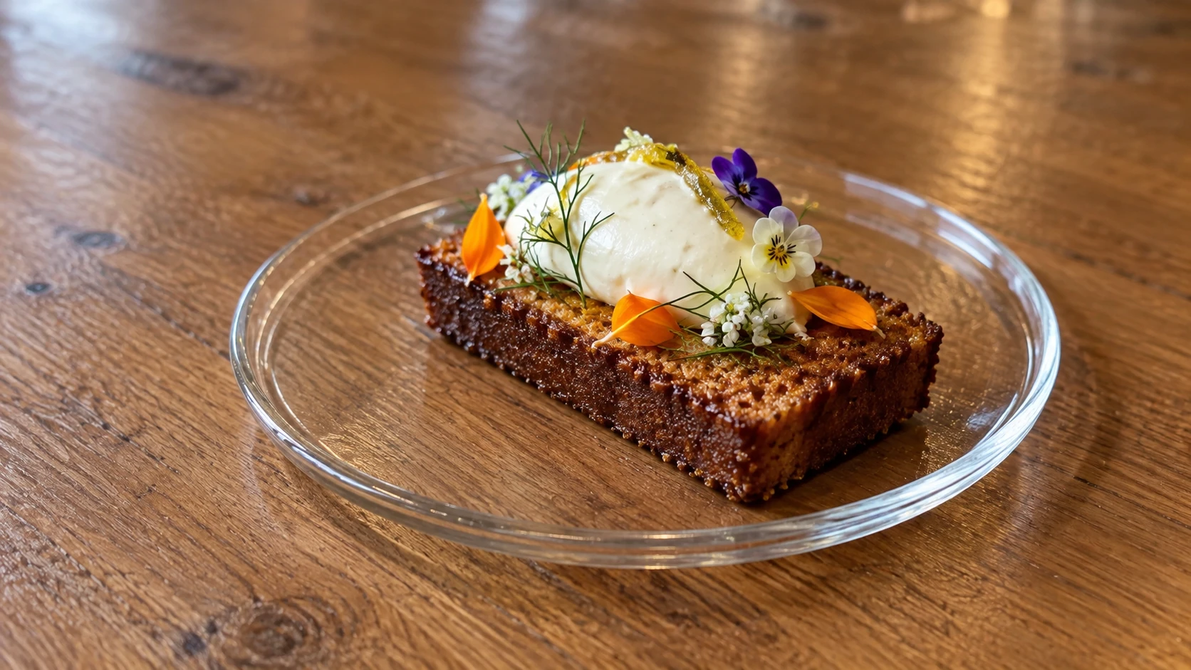 A dessert with cream and edible flowers on a glass plate at Barley Swine