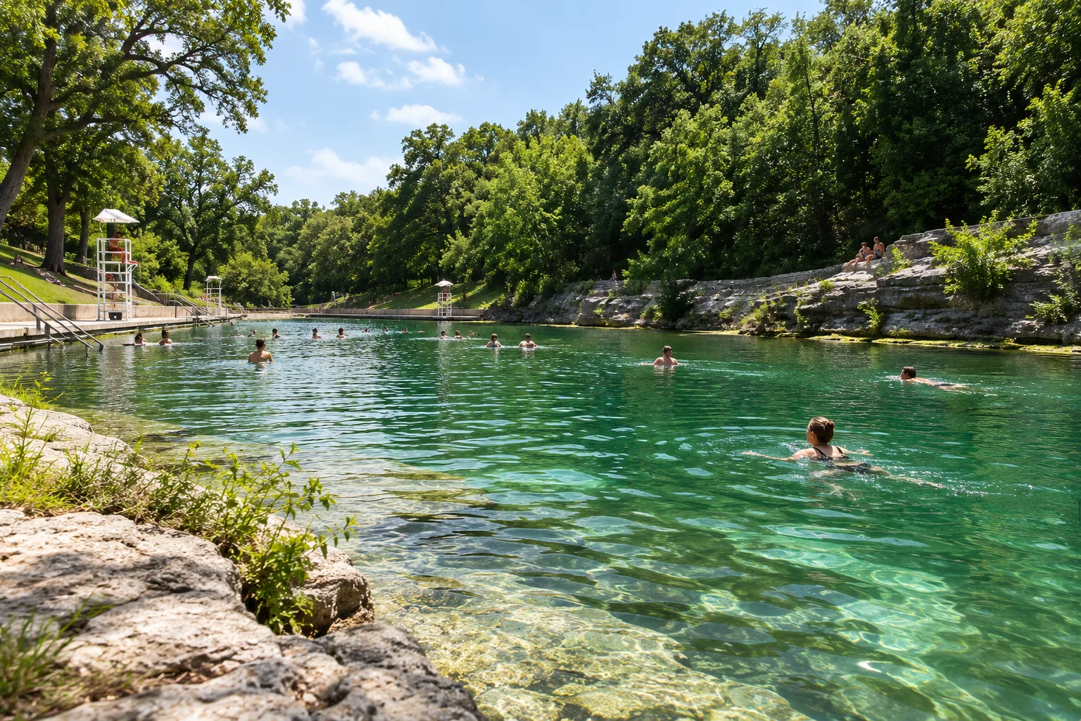 The pool’s limestone swimming-hole edge