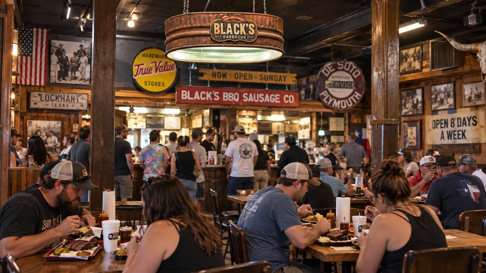 Diners at wooden tables beneath vintage signs in Black's Barbecue