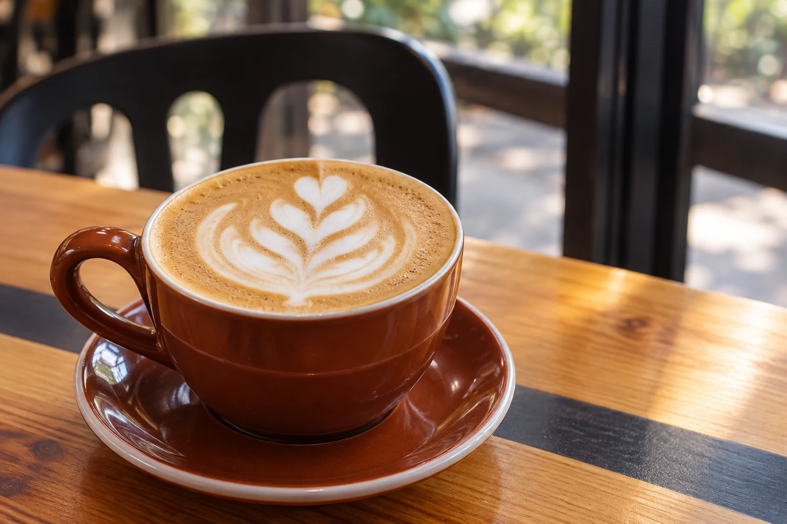 A latte on a wooden café table at Bouldin Creek Cafe