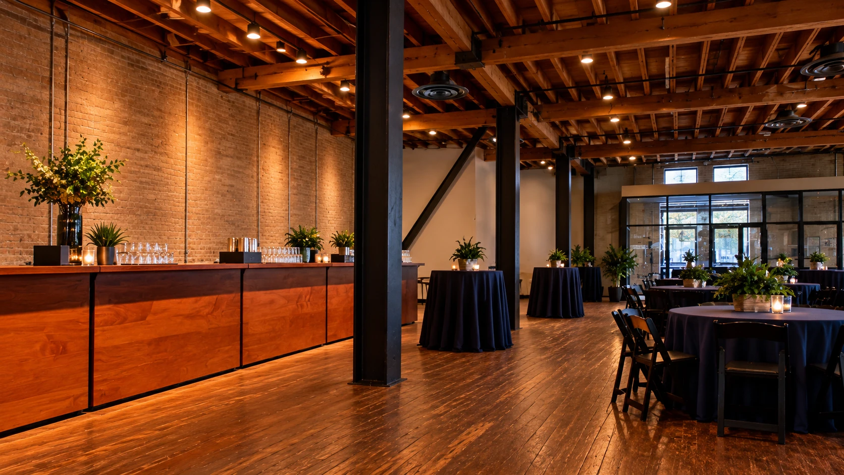 Brickwork, windows and timber structure in the Brazos Hall main room