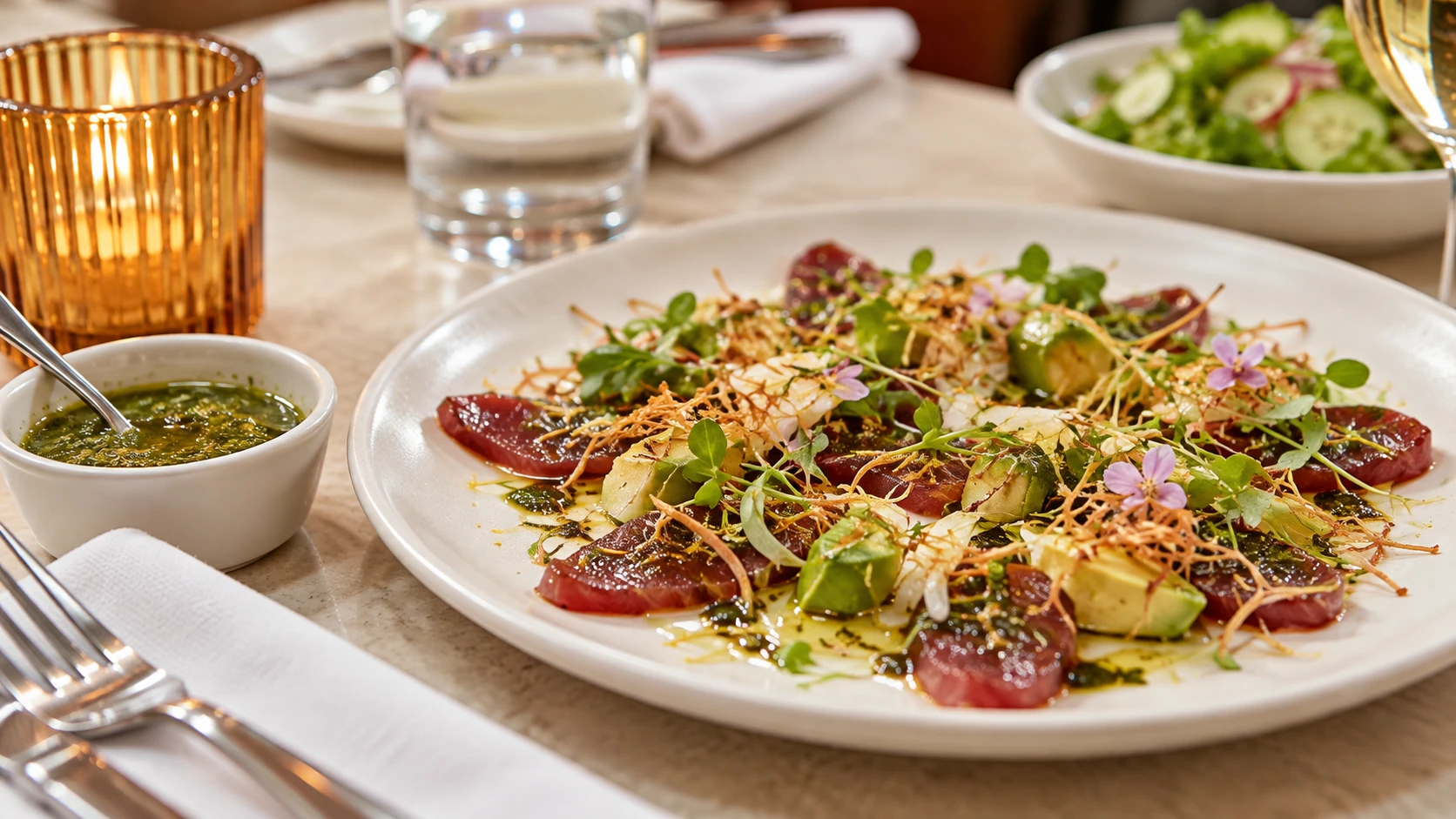 A seafood dish with herbs, citrus and bright garnishes at Este