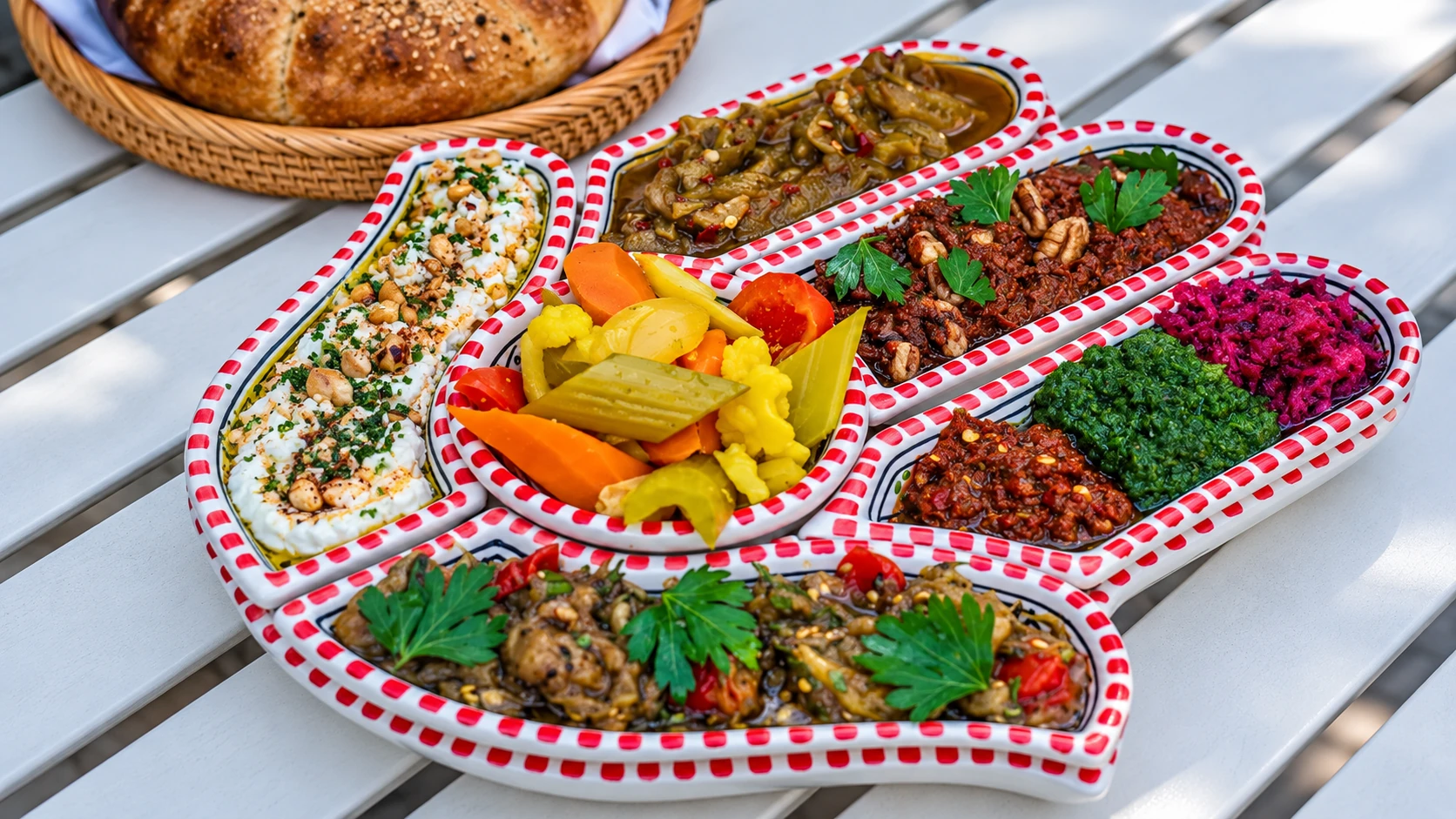 Meze dishes, pickles and bread arranged for sharing at Ezov