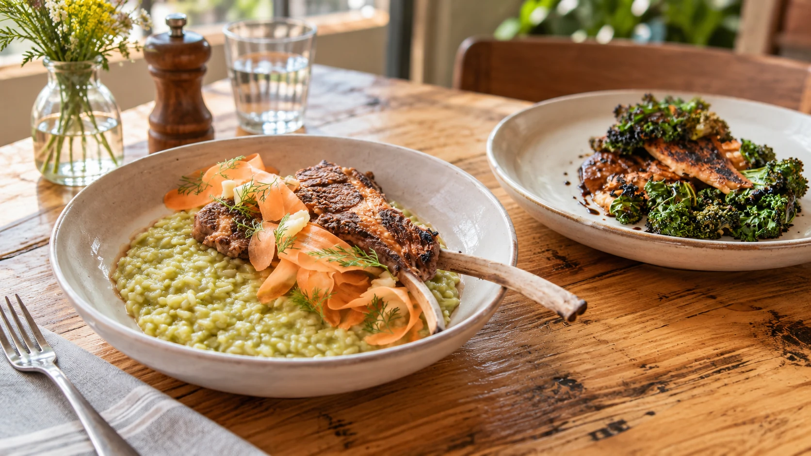 Two seasonal dishes served on pale plates at Intero