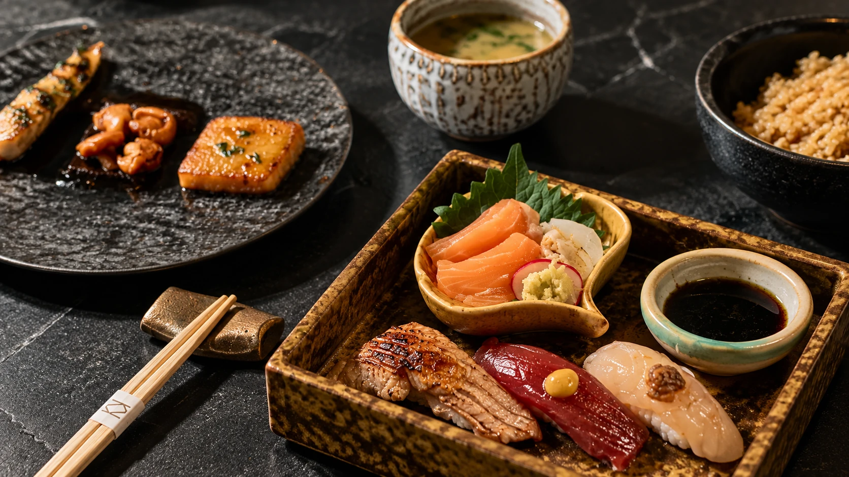Japanese dishes arranged in ceramic bowls and a divided serving tray at Kappo Kappo