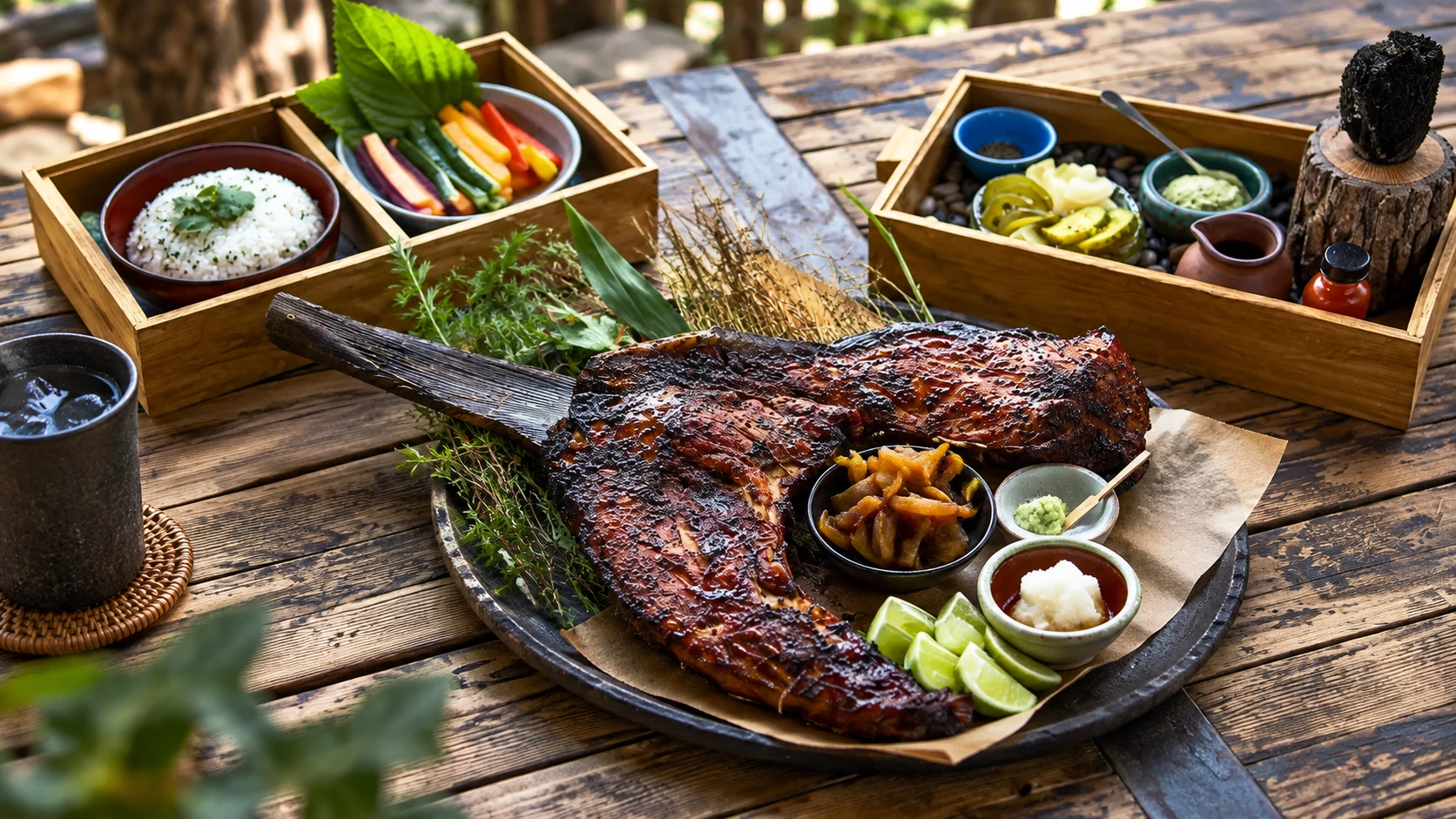 Smokehouse meat and Japanese side dishes arranged for sharing at Kemuri Tatsu-ya