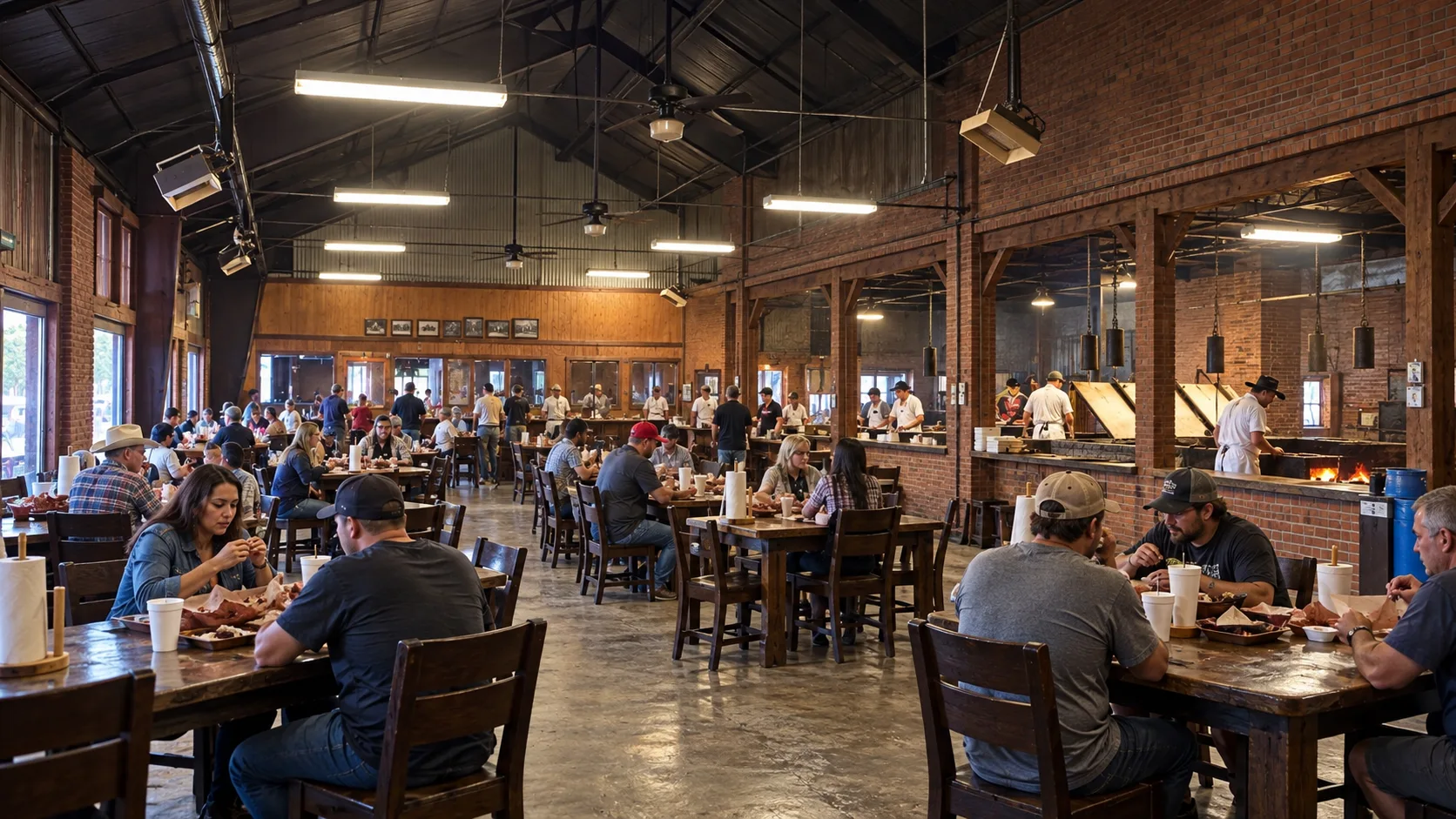 Long communal dining hall beside the open pit room at Kreuz Market
