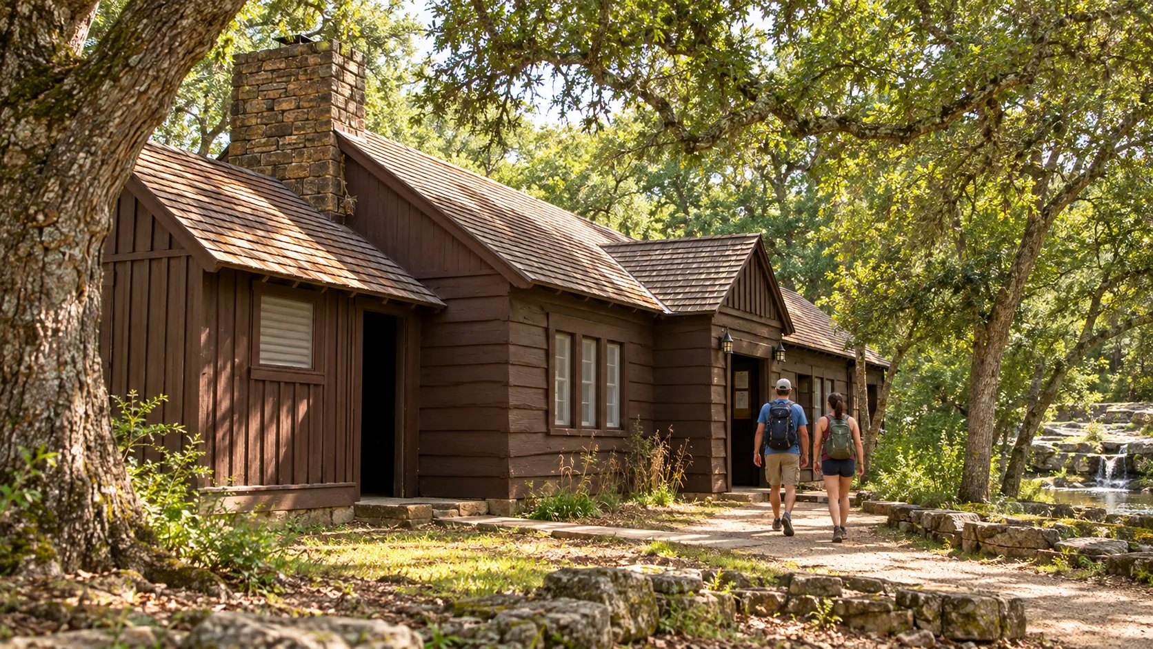 Rustic timber park building with a stone chimney beneath mature oaks