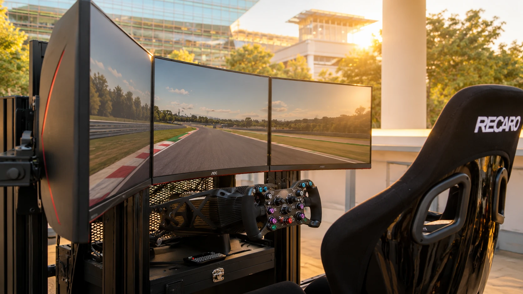 A racing simulator on the Long Center terrace