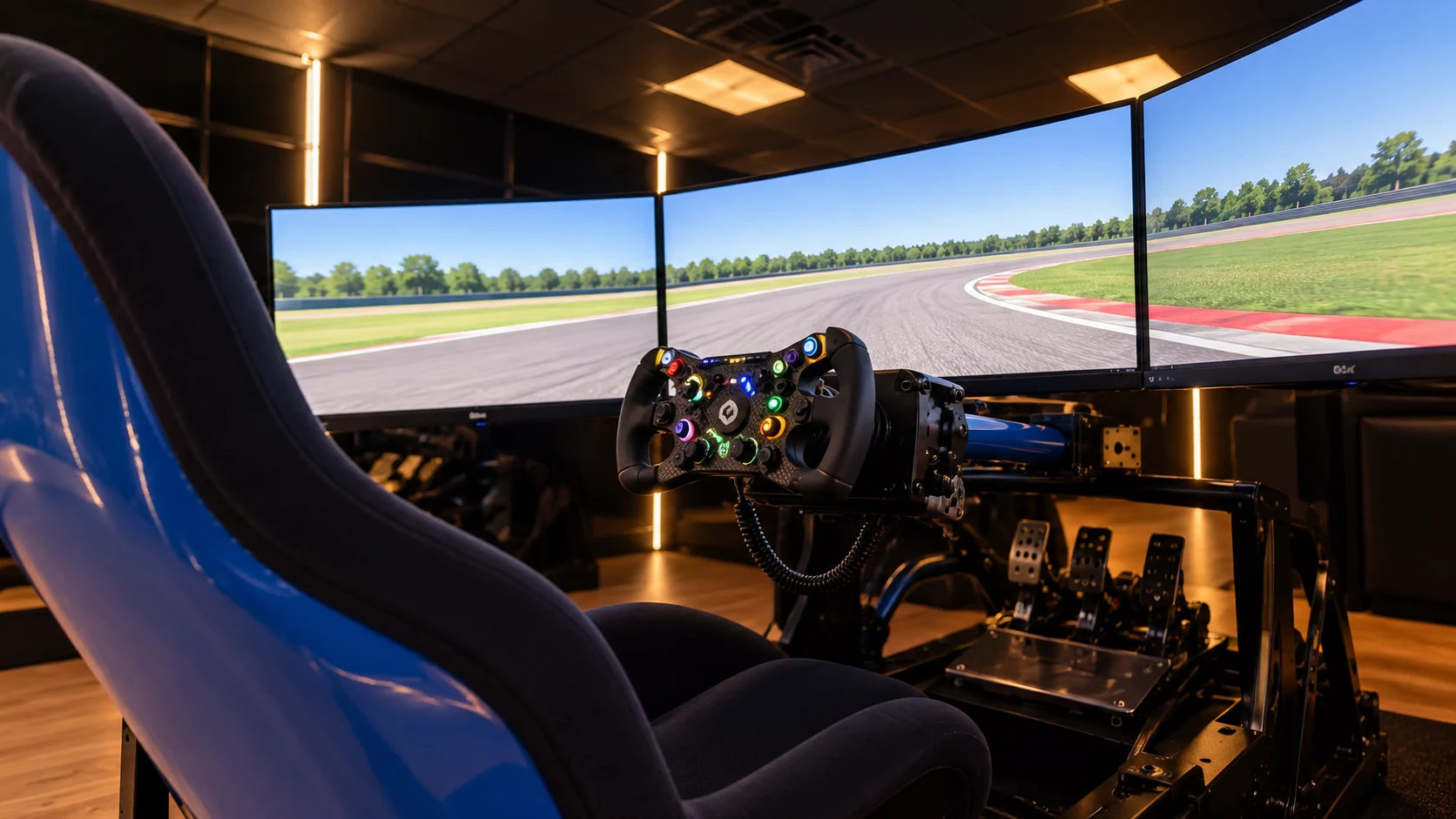 The steering wheel and triple-screen cockpit at Race Club Austin