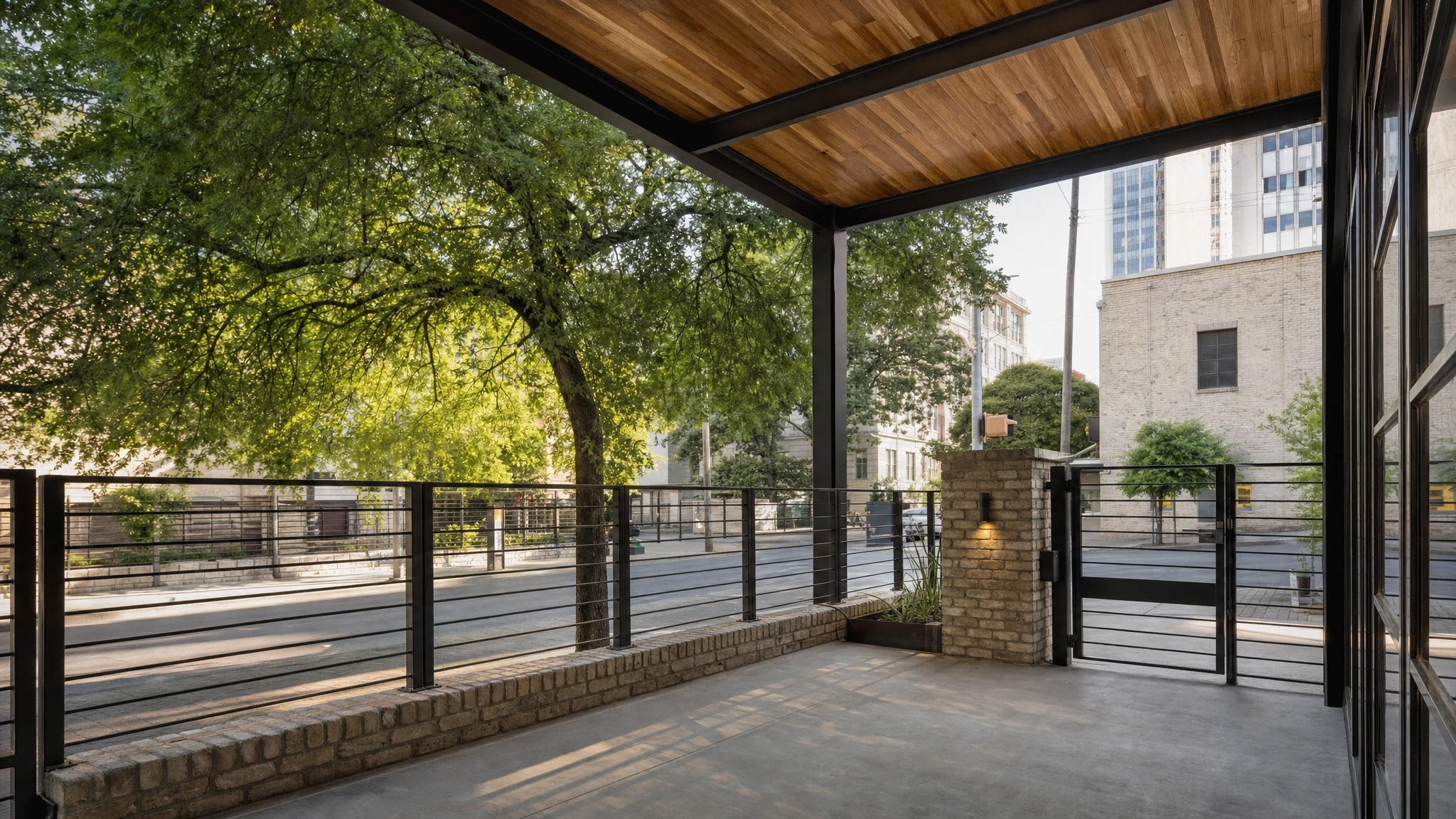 The shaded terrace outside 800 Congress