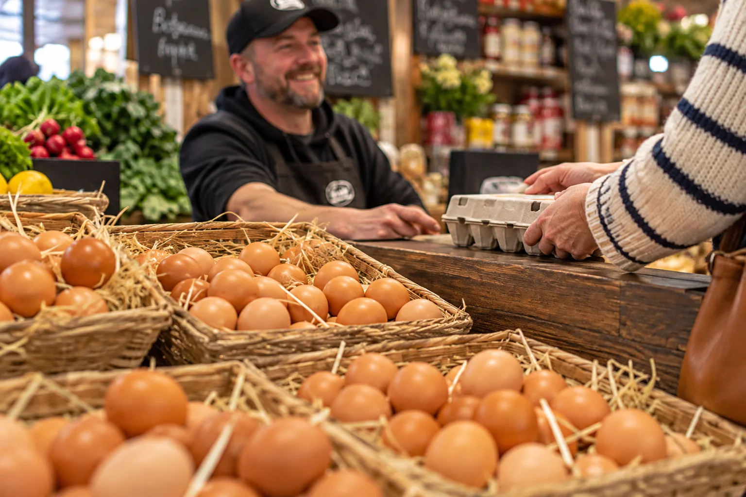 Egg baskets and produce at South Melbourne Market