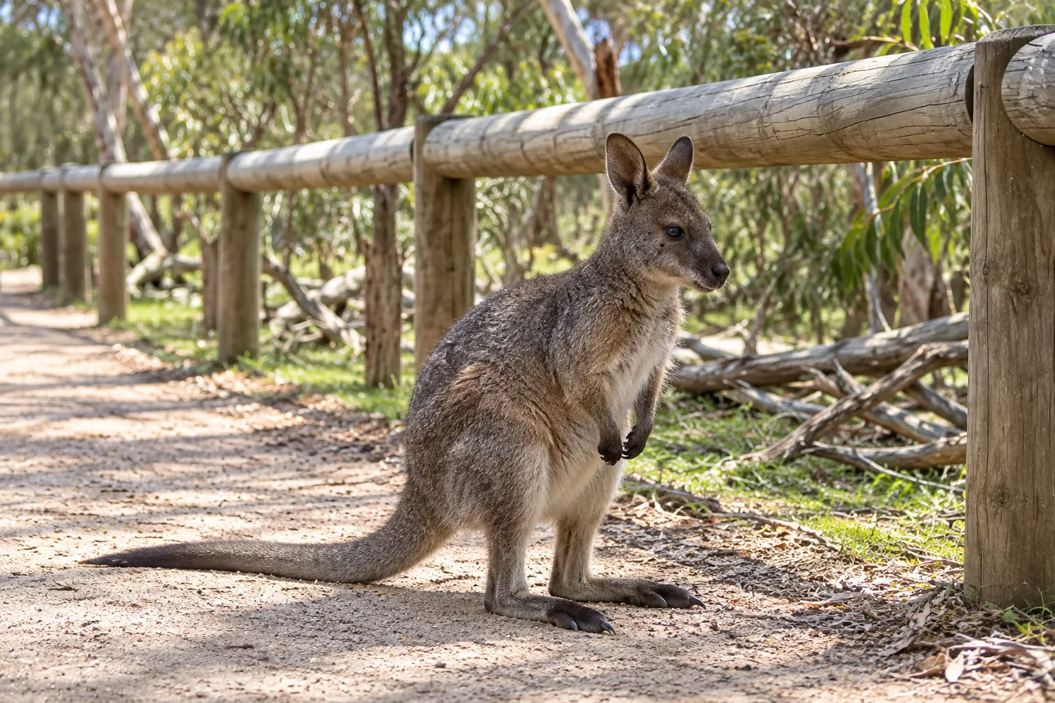 Wallaby beside the visitor fence at Moonlit Sanctuary