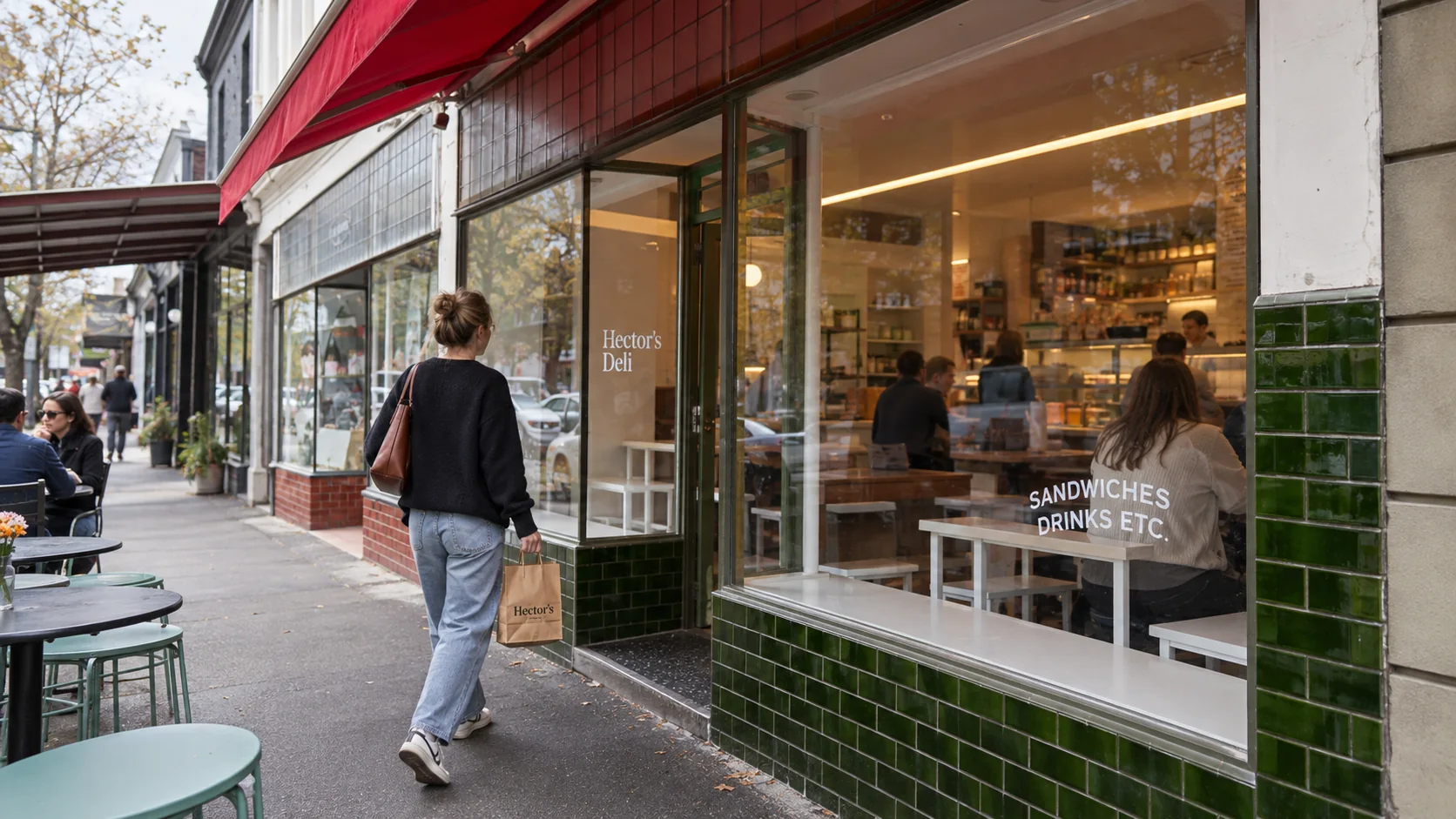 Hector’s Deli’s red awning and Coventry Street entrance