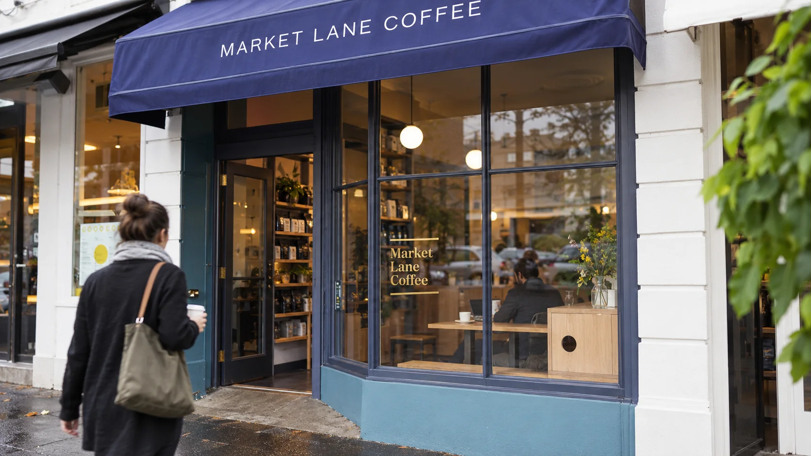Market Lane Coffee’s blue-green Coventry Street shopfront