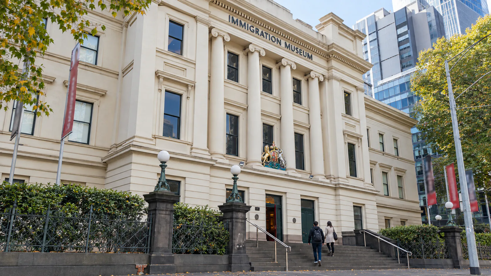 Ionic-column frontage and entrance steps at Melbourne’s Immigration Museum