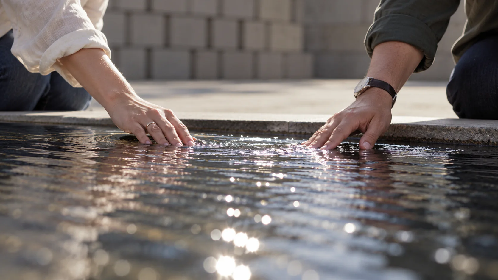 Visitors’ hands beside the shallow water feature in Immigration Museum’s Tribute Garden