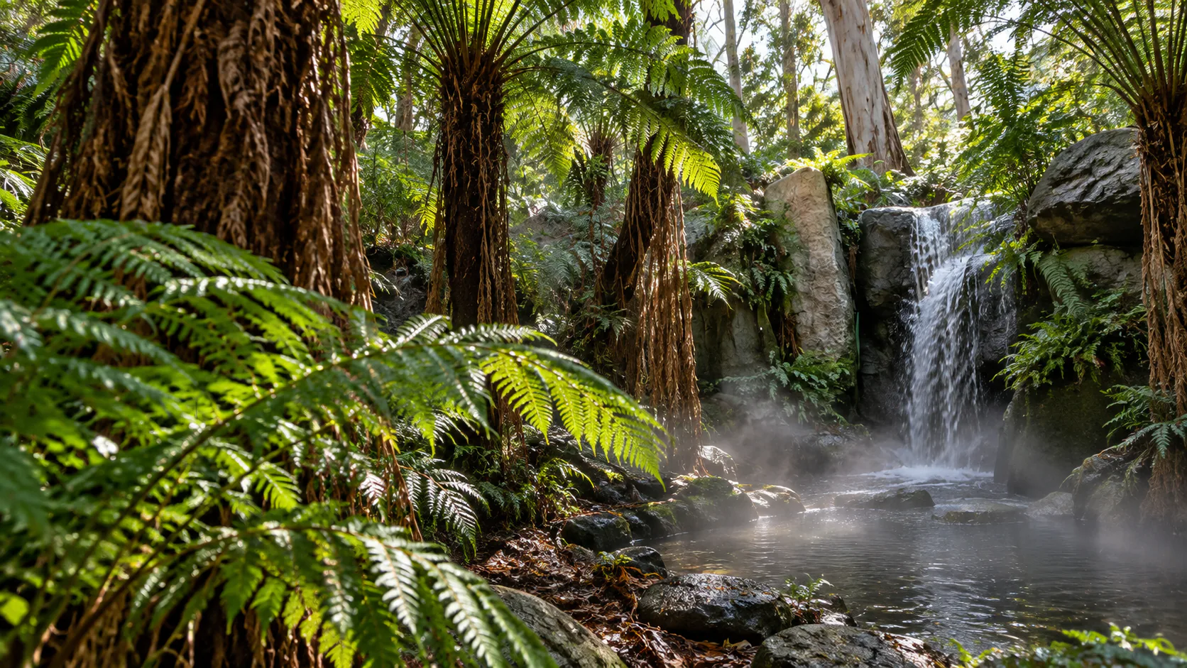 Tree ferns and a rock waterfall in Melbourne Museum’s Forest Gallery.