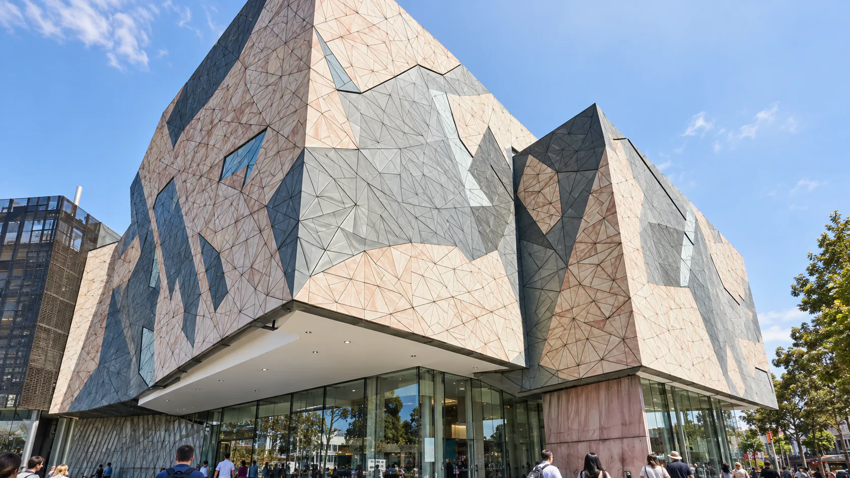 Faceted sandstone and zinc exterior of the Ian Potter Centre: NGV Australia