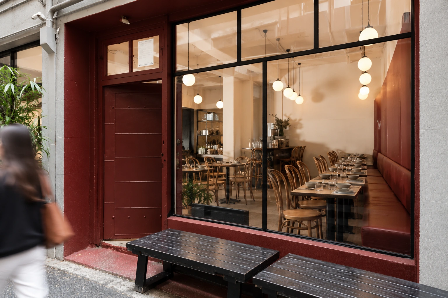 Serai Kitchen’s burgundy entrance and dining-room window