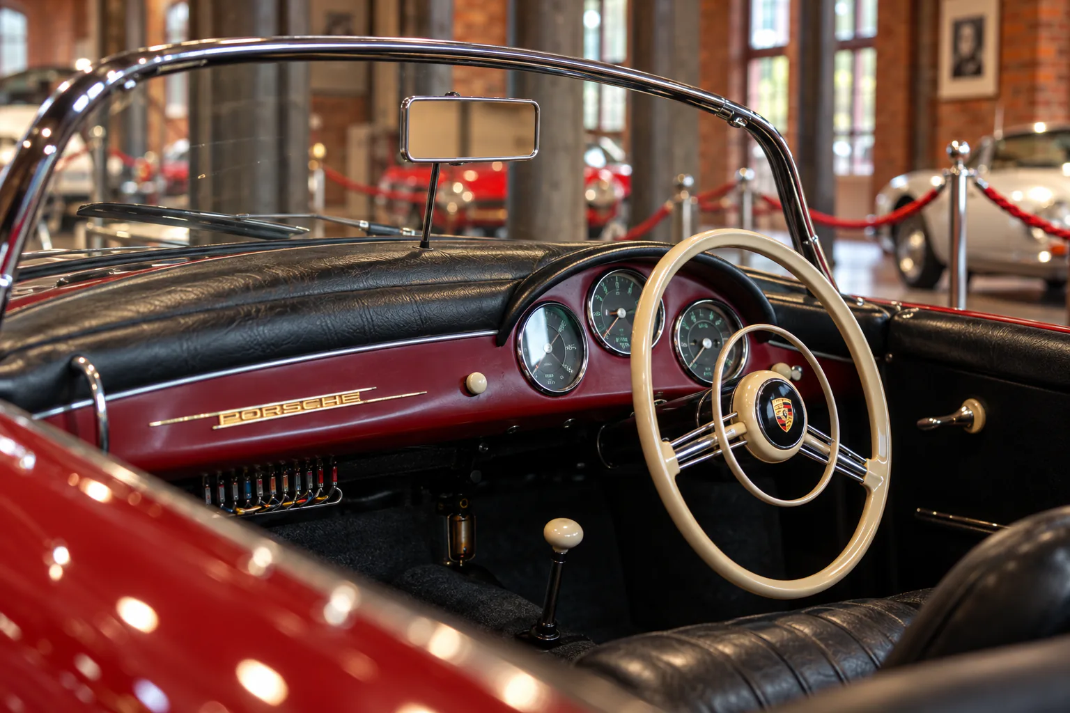 A classic Porsche’s burgundy dashboard and cream right-hand-drive steering wheel.
