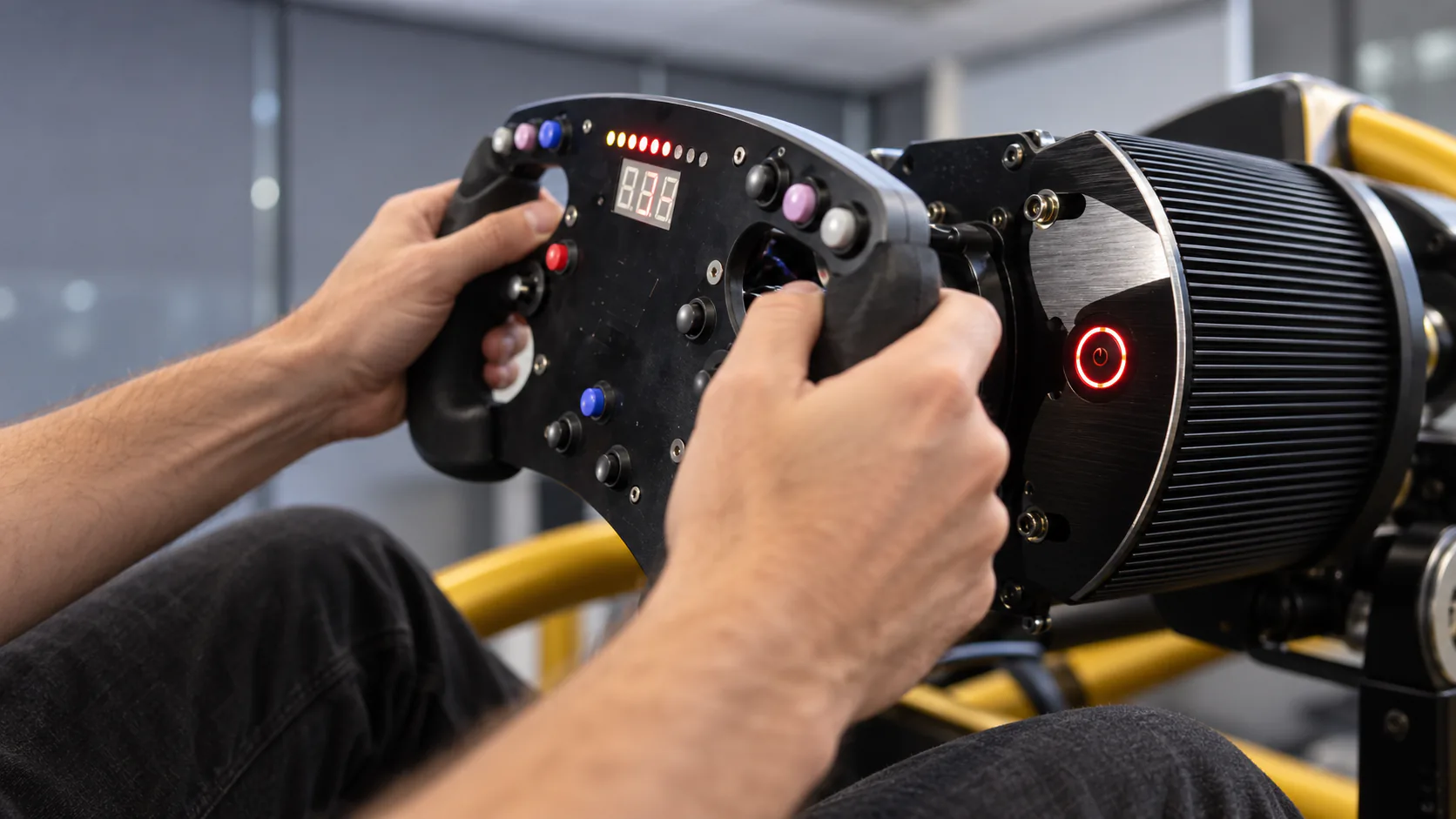 Hands on MOTUM’s racing wheel beside the ribbed steering drive unit