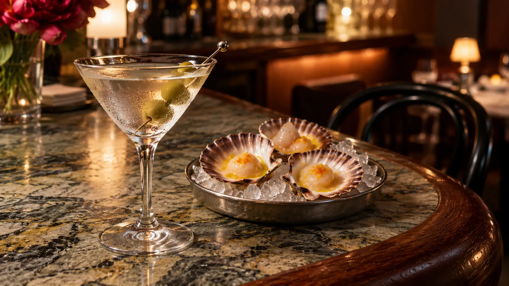 Martini and scallops on ice at Apollo Inn’s stone counter