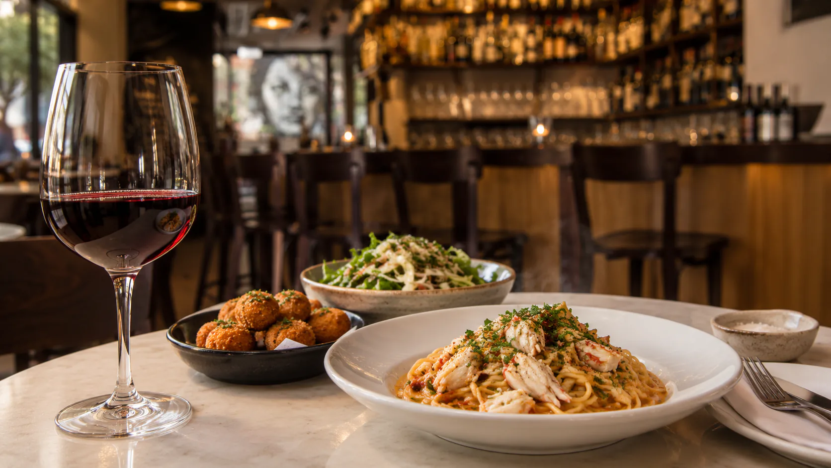 Red wine, seafood pasta and croquetas at Bellota Wine Bar