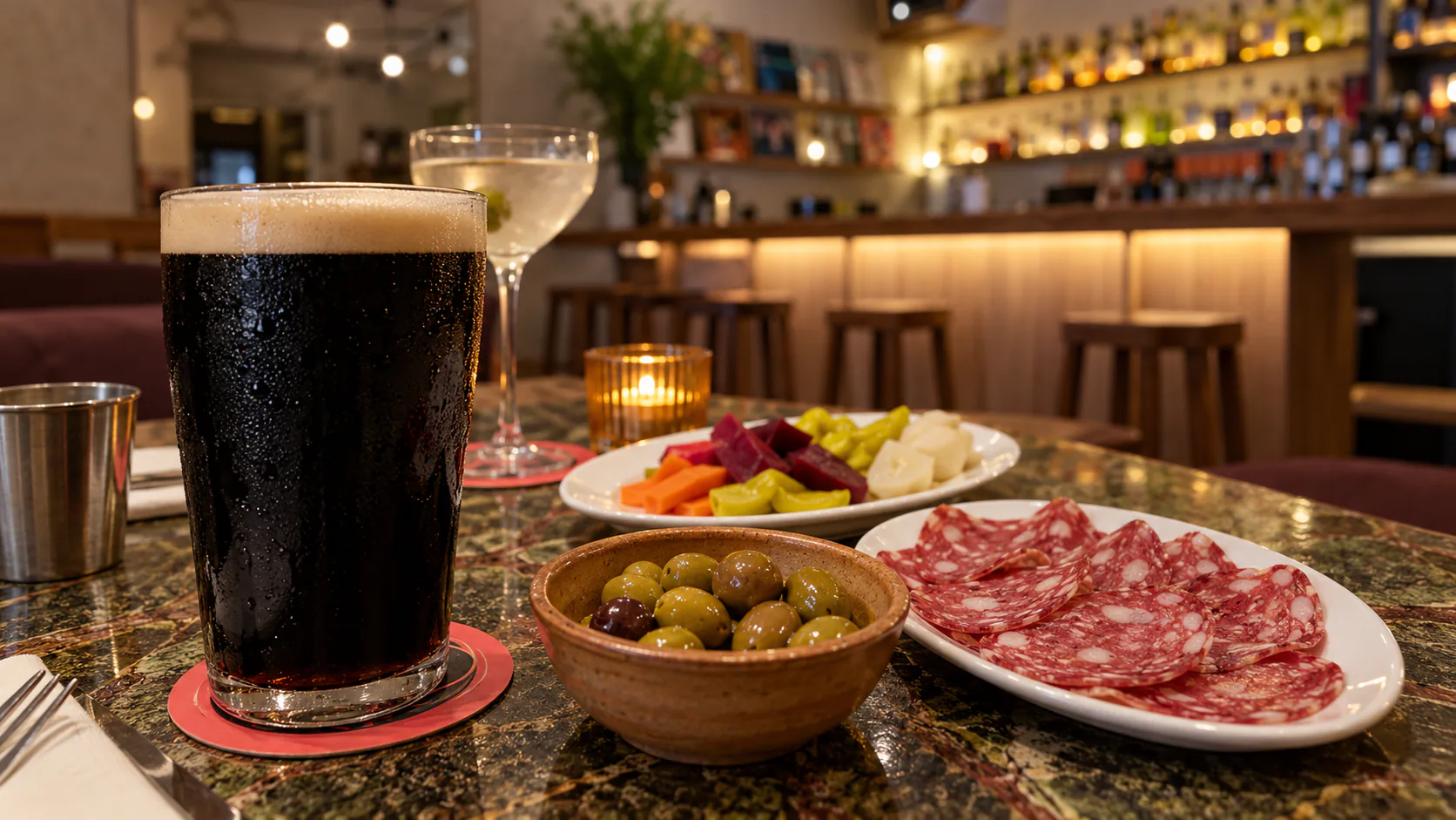 Stout, olives, salami and pickles at Caretaker’s Cottage