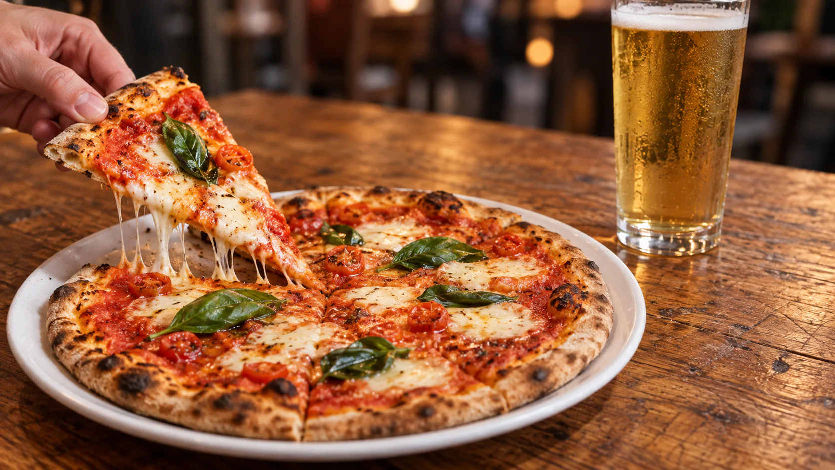 Tomato, mozzarella and basil pizza with a cold beer at Naked for Satan in Fitzroy.