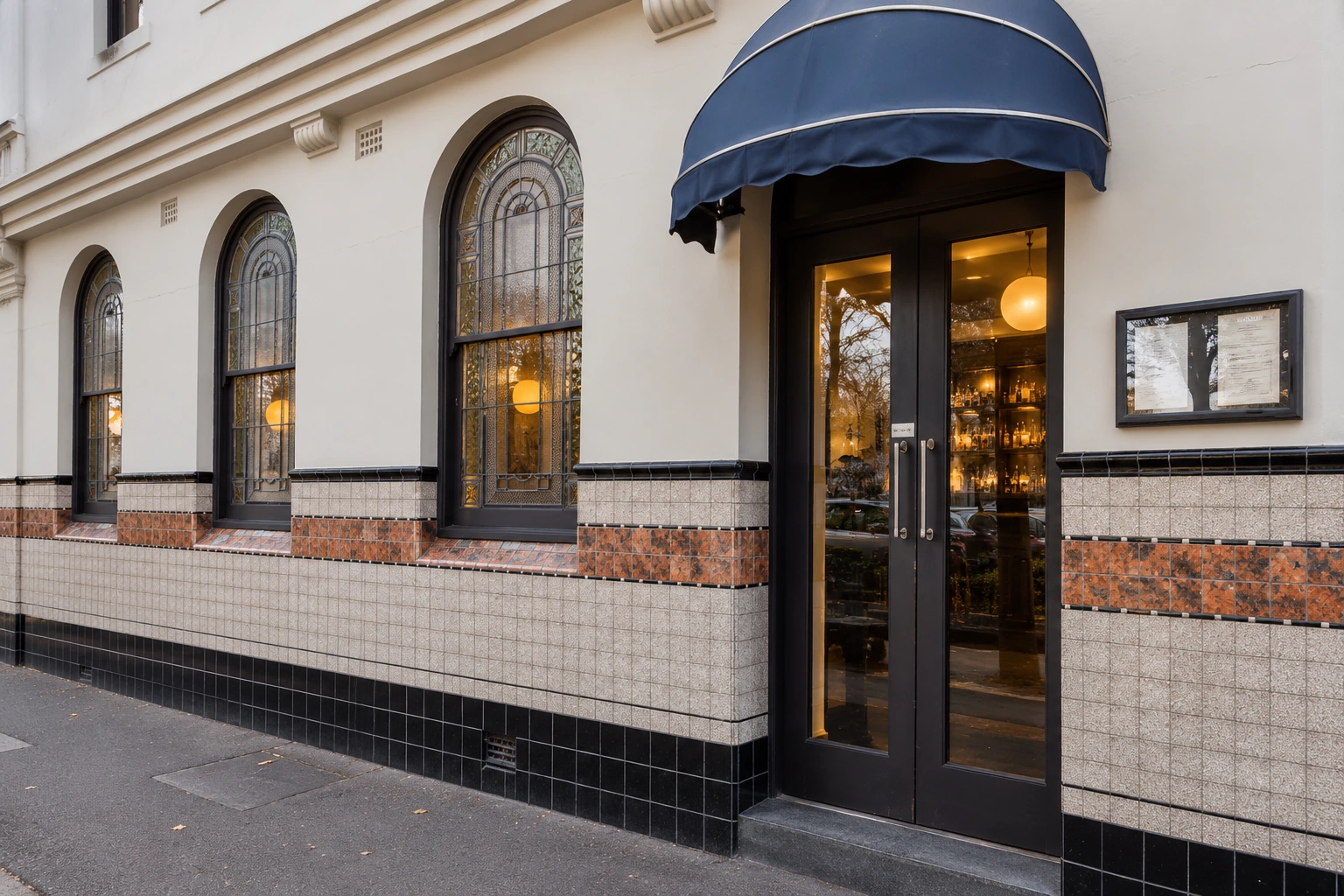 Lamaro’s navy entrance canopy and leaded windows