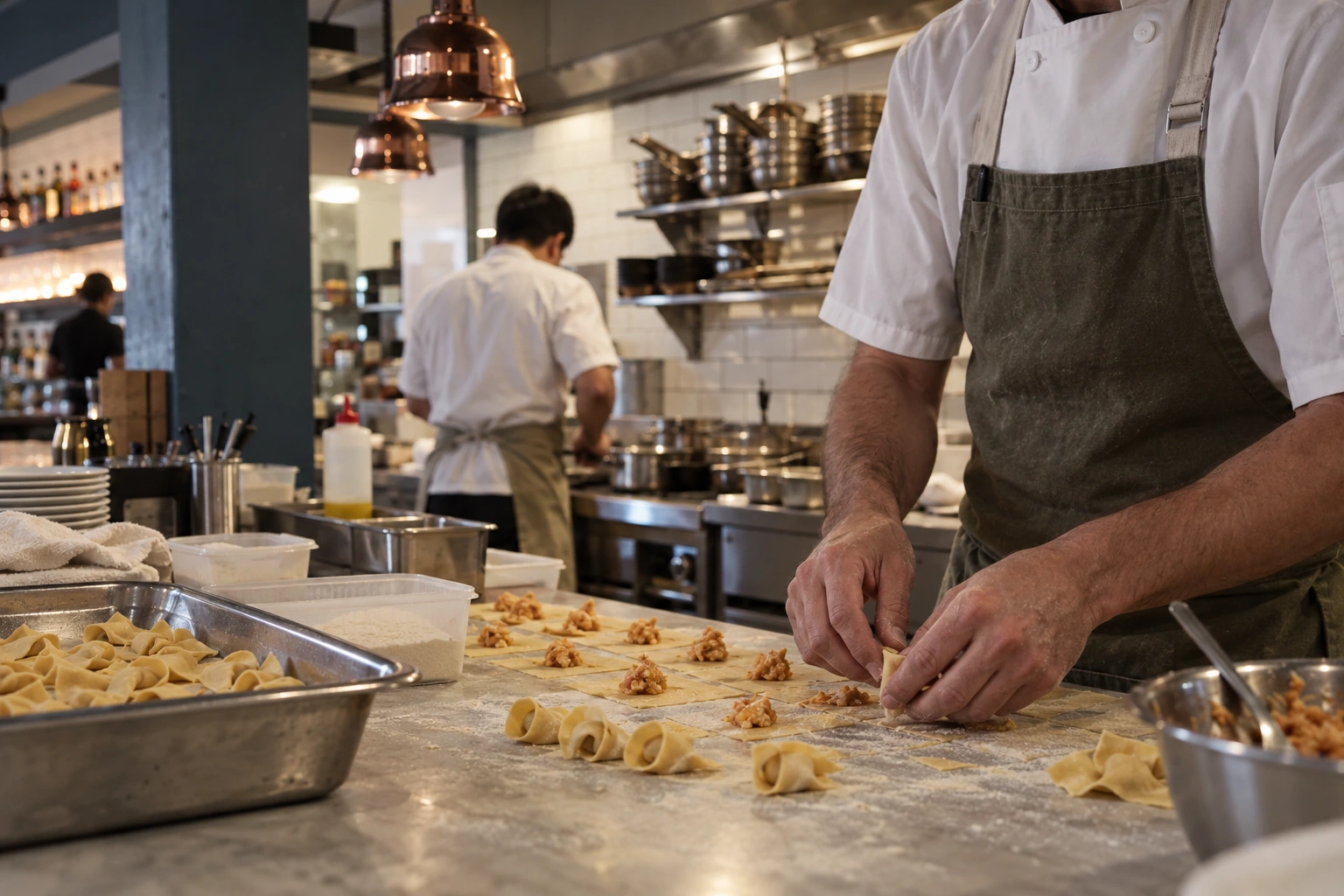 Filled pasta being prepared in Tipo 00’s open kitchen