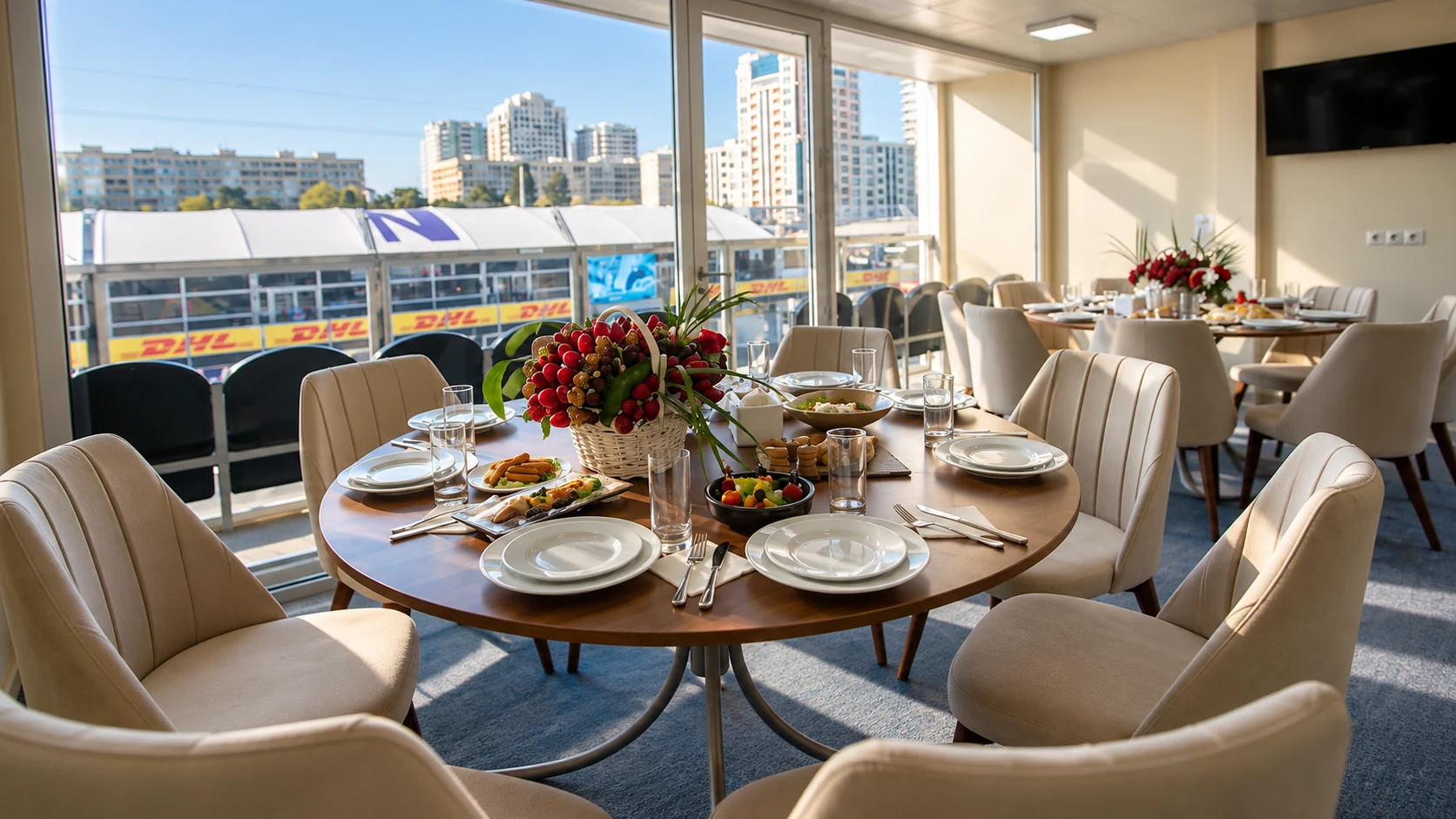 A round dining table and cream chairs sit beside the track-facing windows of an Absheron corporate box at Baku City Circuit.