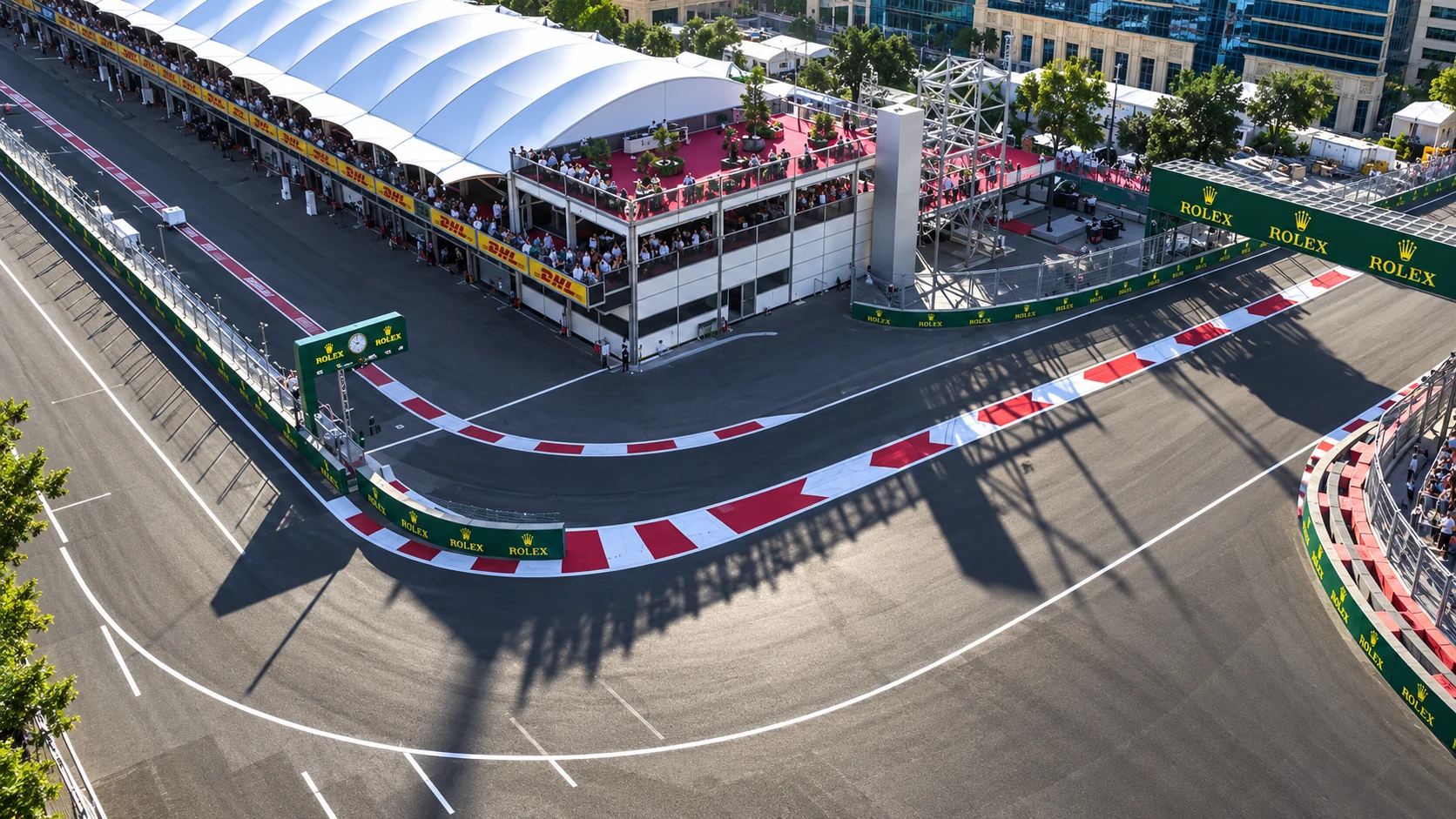 An aerial view of Baku’s first corner and pit-exit island beside the multi-level paddock terraces.