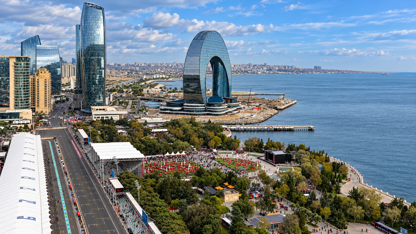 Baku’s seafront circuit park and hospitality buildings, with the Crescent Hotel beside the Caspian Sea.